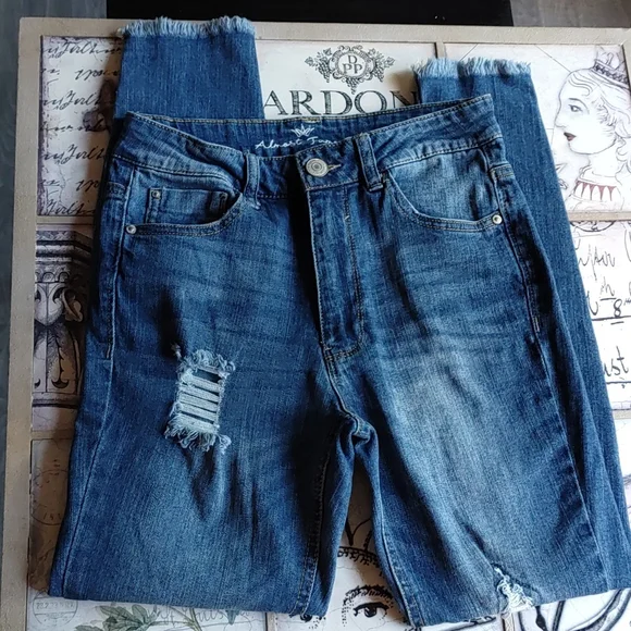 Almost Famous Distressed High Rise Blue Jeans - Picture 2 of 8